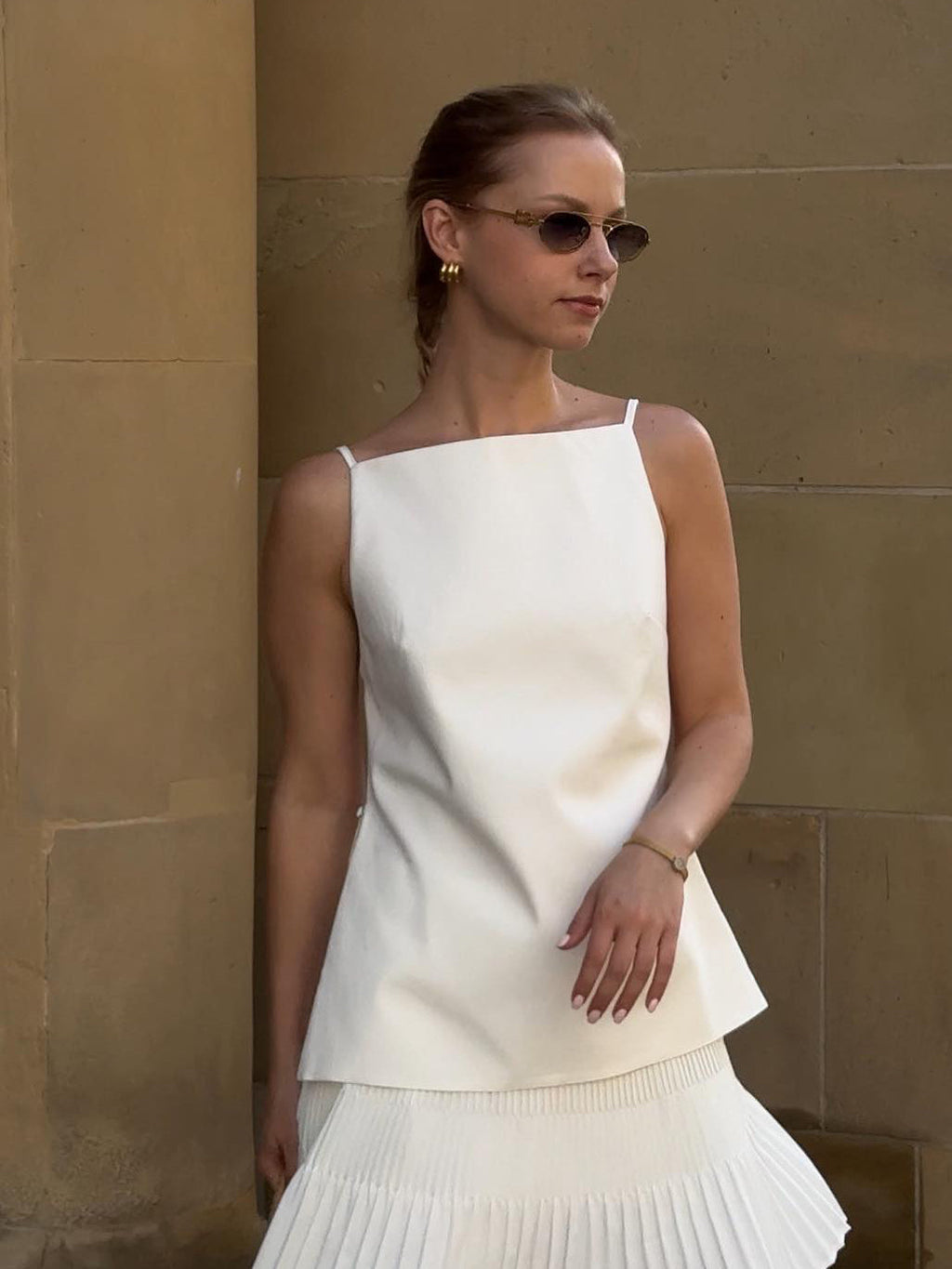 White Halter Top & Pleated Skirt Set