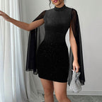 Stylish High-neck Dress Black Featuring Sparkling Rhinestones And Sequins Figure-hugging Fit Short Sleeves Mesh Patchwork