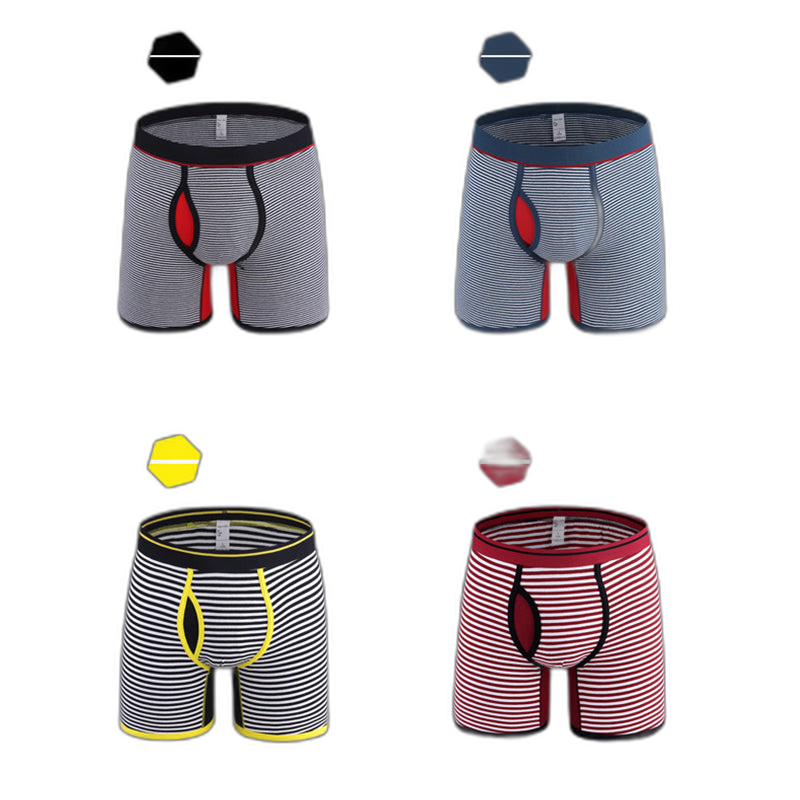 Men's Fly Front with Pouch Striped Cotton Boxer Briefs