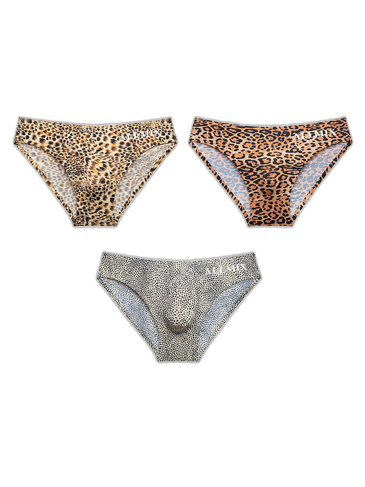 3 Pack ALLMIX Men's 3D Pouch Sexy Leopard Print Ice Silk Briefs