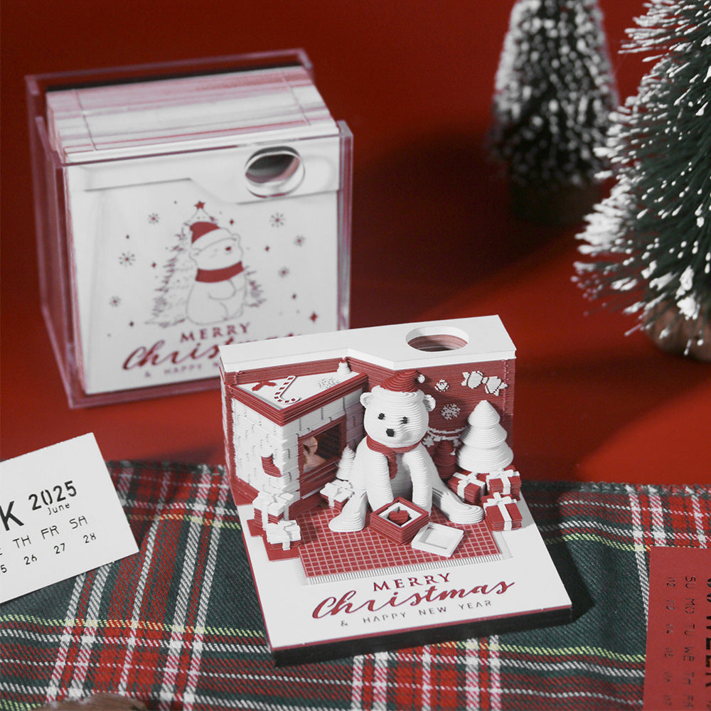 3D Paper Carving Art Notepad - Laser Engraved Christmas White Bear | 175-Layer Sculptural Memo Pad & Desk Decoration
