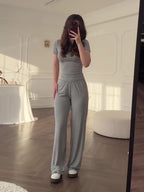 Casual Grey Short-sleeved Top & Wide-leg Pants Suit