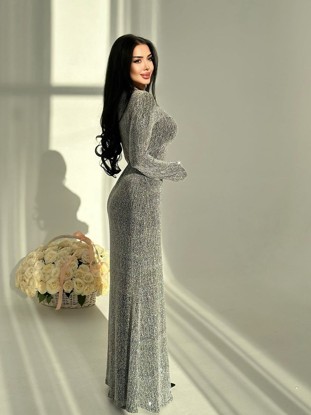 Round Neck Hot Diamond Maxi Dress - Sparkle Embellished Evening Gown for Women