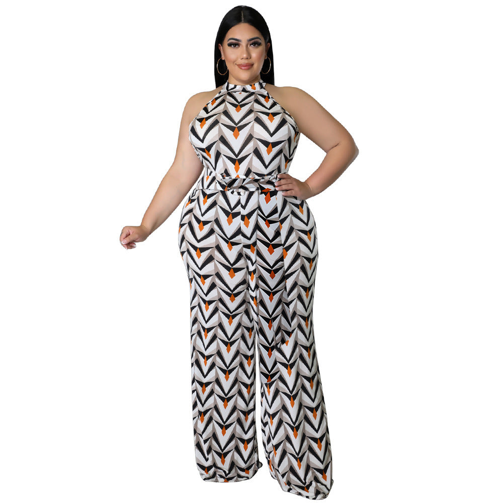 Women's Casual Halterneck Printed Jumpsuit With Belt Plus Size