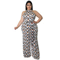 Women's Casual Halterneck Printed Jumpsuit With Belt Plus Size
