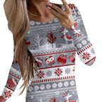 New Christmas Printed Round Neck Long Sleeve Narrow Dress
