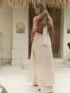 Cotton And Linen Khaki High Slit Long Top & Pants Suit