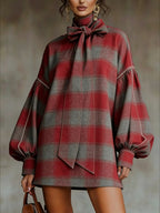 Simple Relaxed Fit Short Dress With Long Sleeves And A Bow