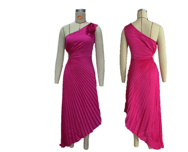 Ins Pleated One-shoulder Dress With Big Rose Flower Fashionable Sexy Evening Party Club Asymmetrical Dress