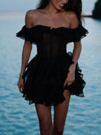 Black Off-shoulder Ruffled Mini Dress