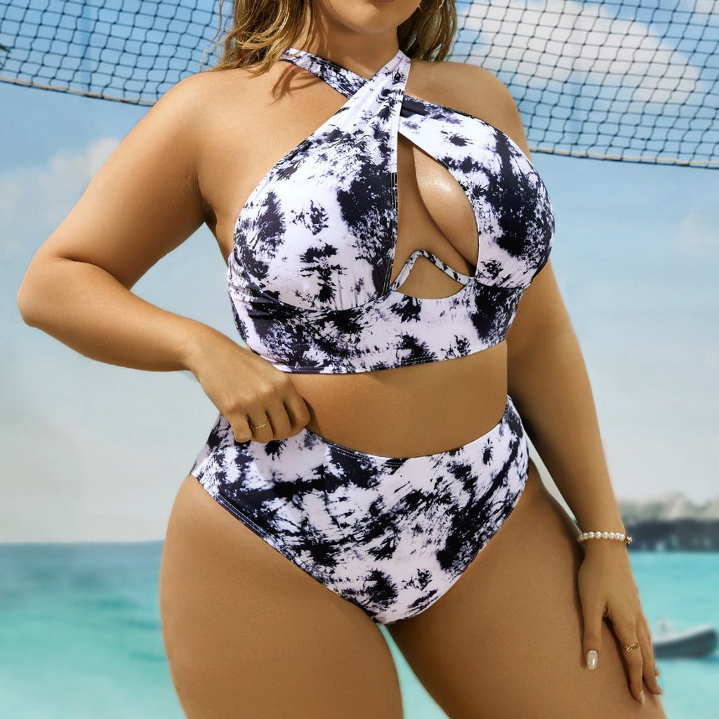 Cross Collar Random Printed Bikini Swimsuit Suit