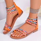 Ethnic Style Flat Sandals Summer Clip Toe Colorful Weave-straped Shoes With Back Zipper Women's Bohemian Beach Shoes