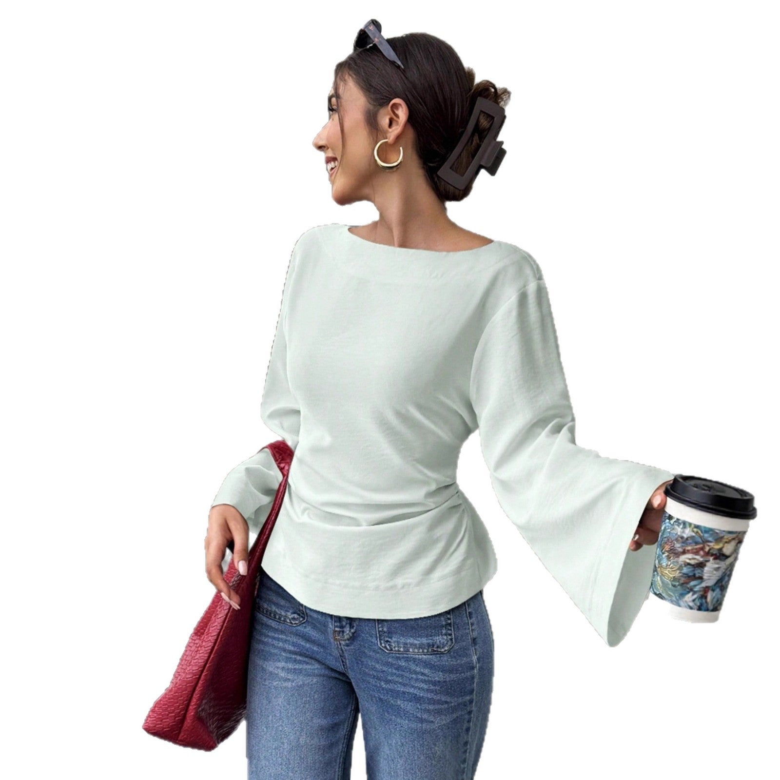 Women's Round-neck Woven Blouse With Flared Long Sleeves