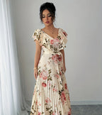 V-neck Digital Floral Print Ruffles Dress
