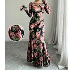 Elegant And Slim-fitting Round Neck Rose Floral Flared Sleeve Bodycon Dress