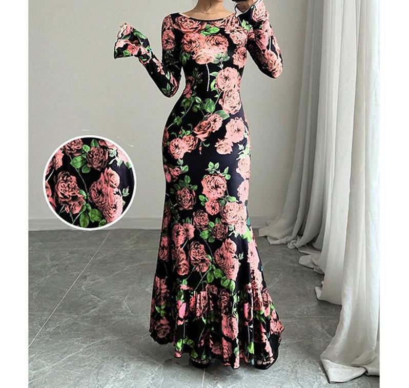 Elegant And Slim-fitting Round Neck Rose Floral Flared Sleeve Bodycon Dress