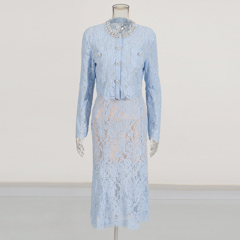 Round Neck Diamond Lace Embroidered Top High Waist Skirt Suit