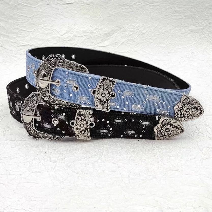 Blue Denim Belt Vintage Carved Leather Belt Accessory