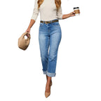 Cuffed Capri Pants, Fashionable Stretchy Whiskered Denim Jeans