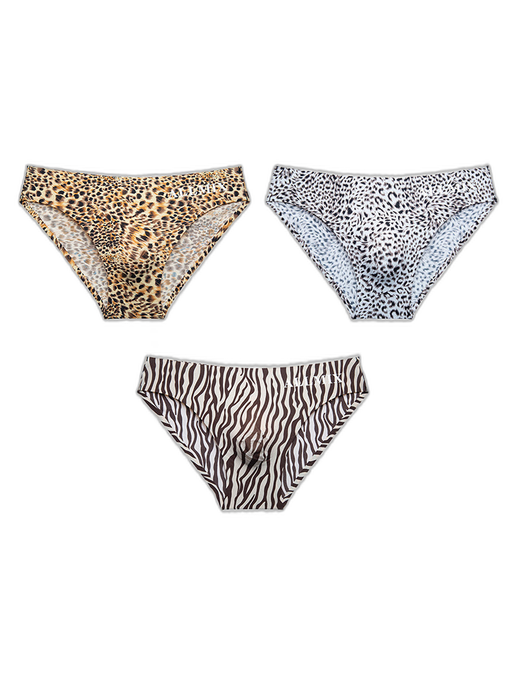 3 Pack ALLMIX Men's 3D Pouch Sexy Leopard Print Ice Silk Briefs
