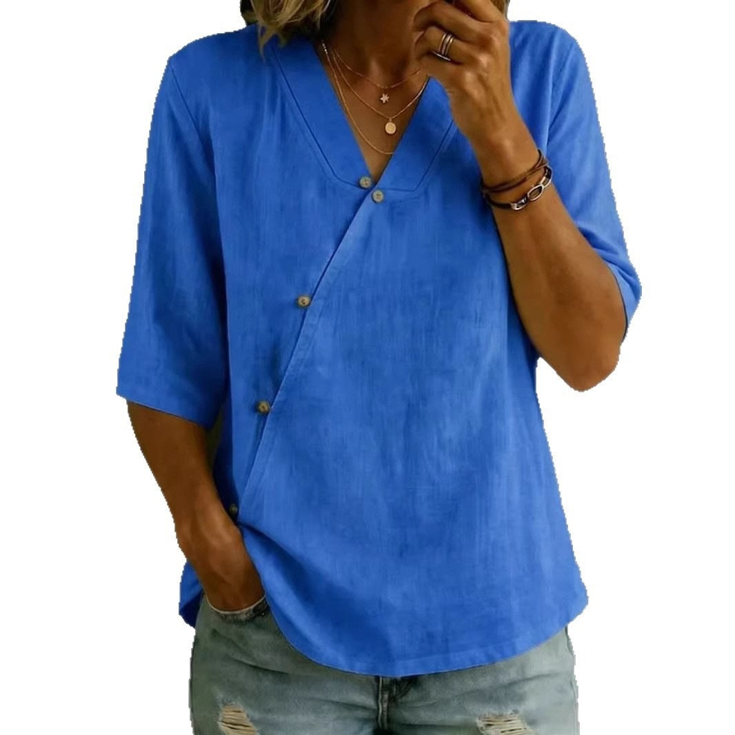 Women's Solid-Colored Cotton-Linen Button-Up Top