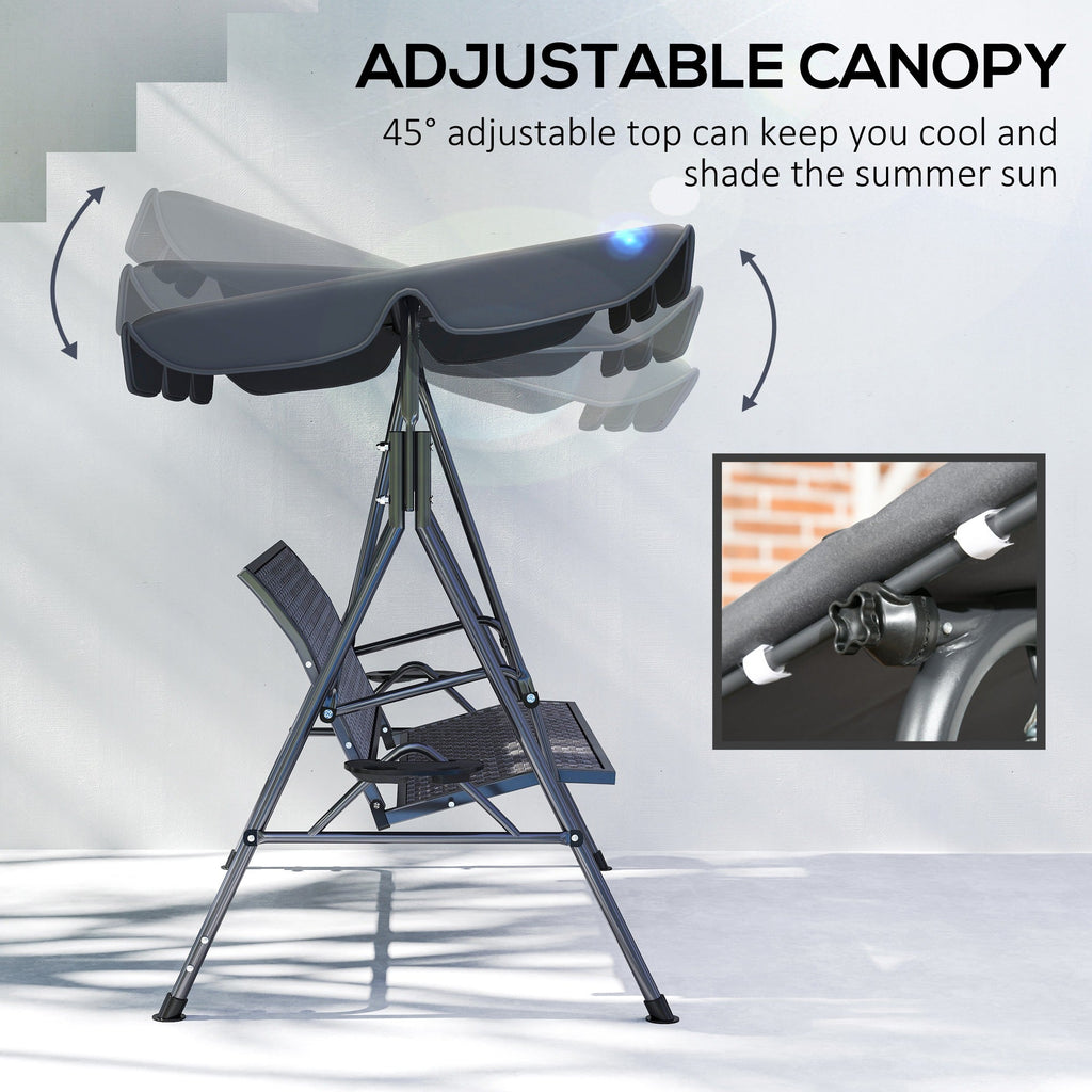 Outsunny 3 Seater Swing Chair, Garden Swing Seat Bench with Adjustable Canopy, Rattan Seat and Steel Frame for Patio, Yard, Grey