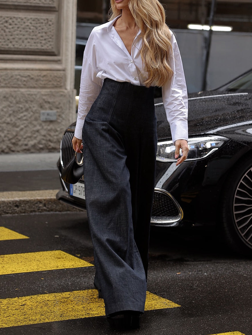 Elegant High Waist Wide Leg Jeans - Classic Denim Trousers for Women