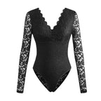 Sexy Solid-Color Lace Long-Sleeve Sheer Bodycon Jumpsuit
