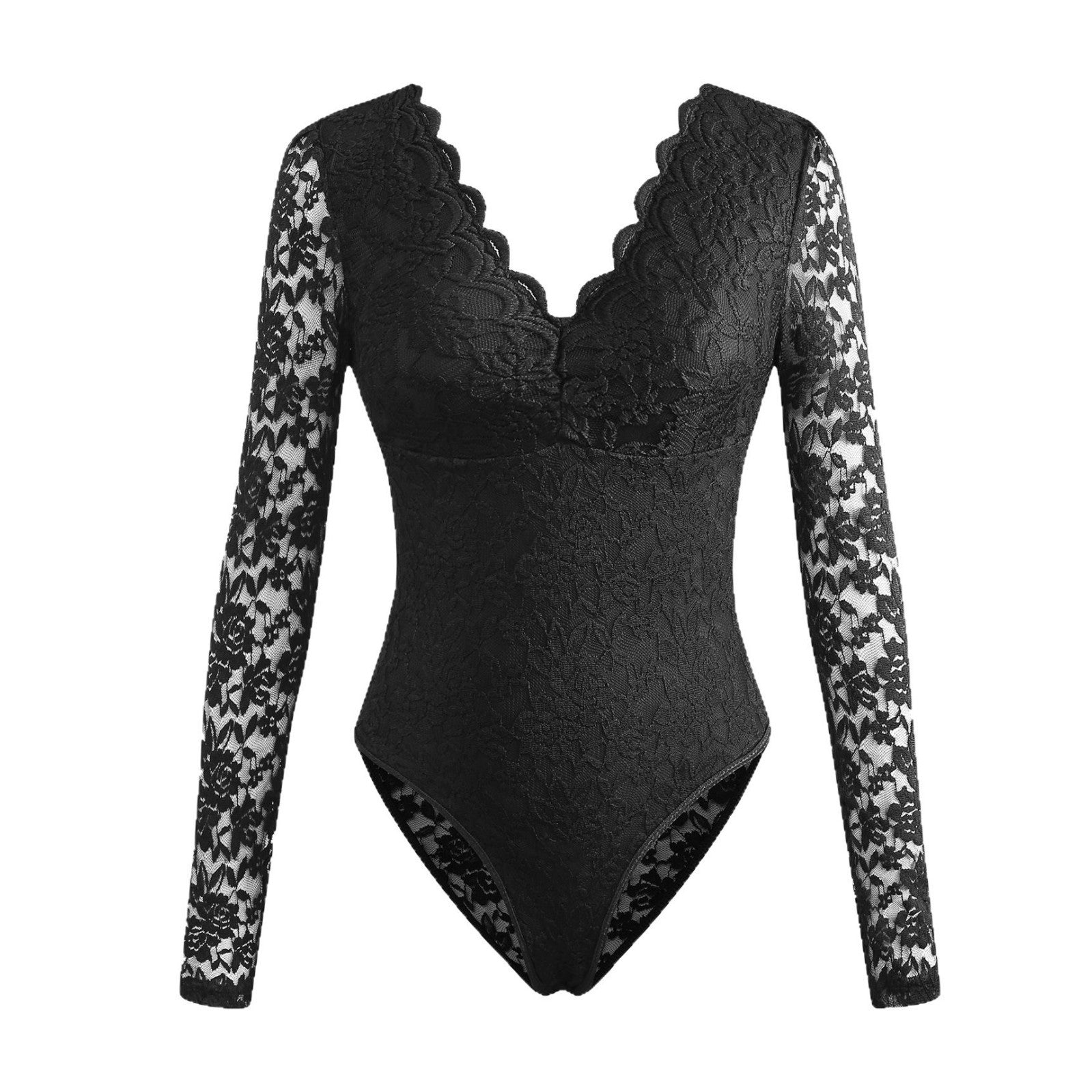 Sexy Solid-Color Lace Long-Sleeve Sheer Bodycon Jumpsuit