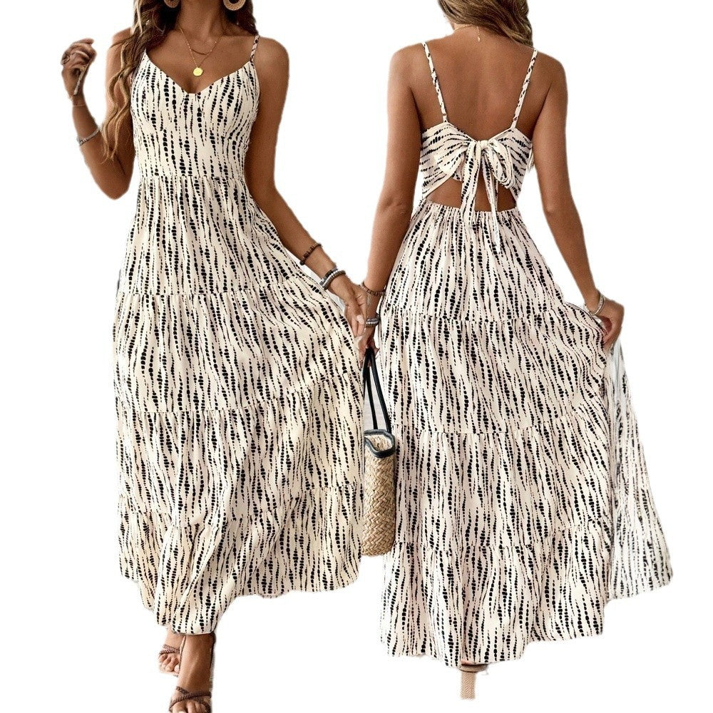 European And American Vacation Style Sling Dress Irregular Stripe Design