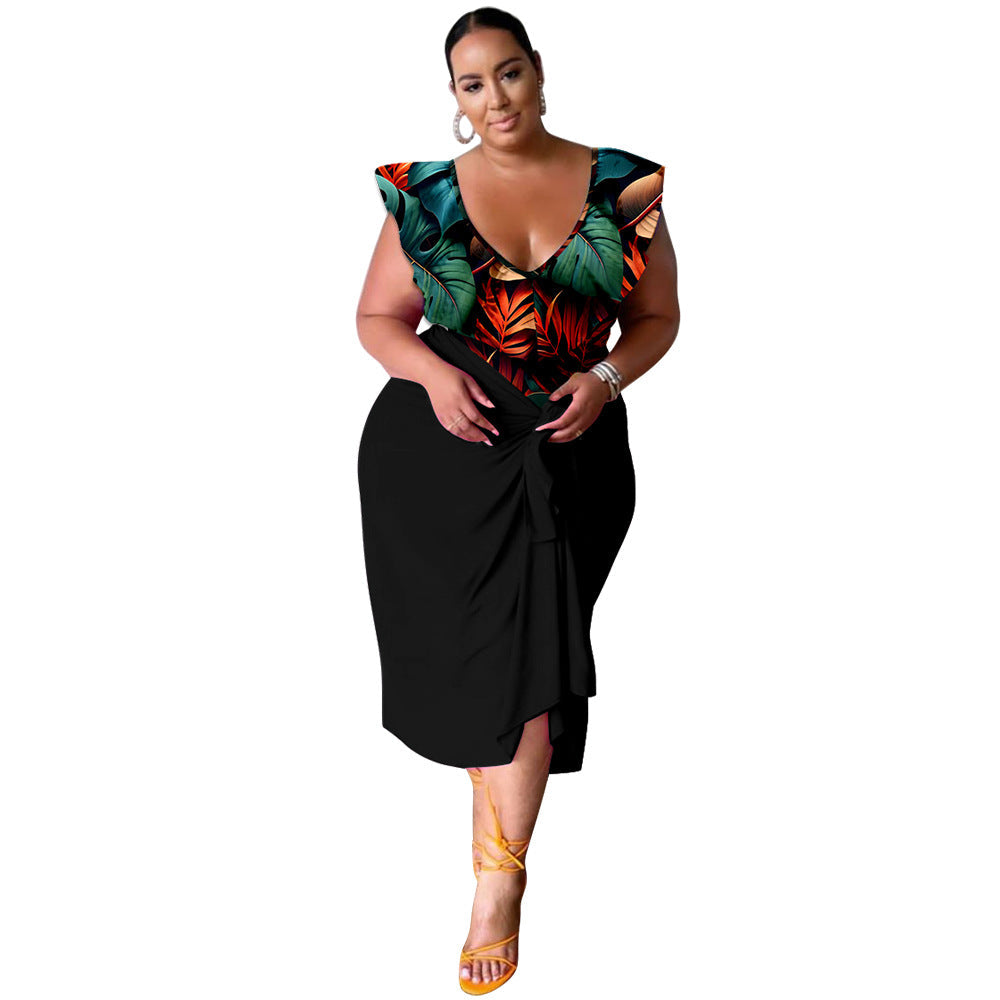New Stylish Casual V-neck Printed Jumpsuit Printed Skirt Plus-size Two-piece Set