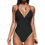 Women's V-neck Backless Solid Color Swimsuit