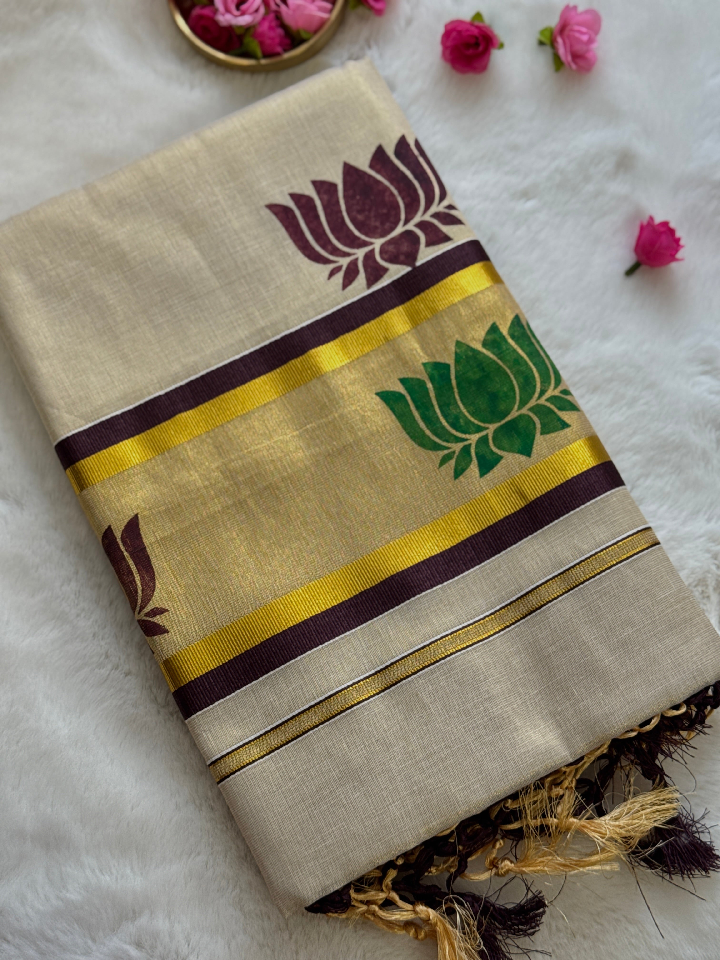 Premium Kerala Kasavu Saree – Off-White with Dual Lotus Motifs & Gold Border