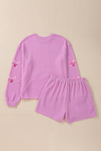 Women's Casual Jacquard Solid-Color Long-Sleeve Sweater And Shorts Set