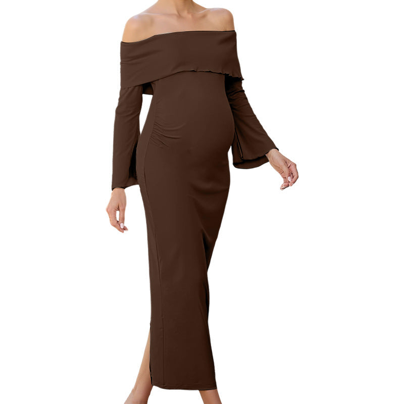 Knitted Stretch Maternity Dress Slim-Fit Long Gown