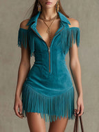 Retro Suede Tassel Off-Shoulder Dress