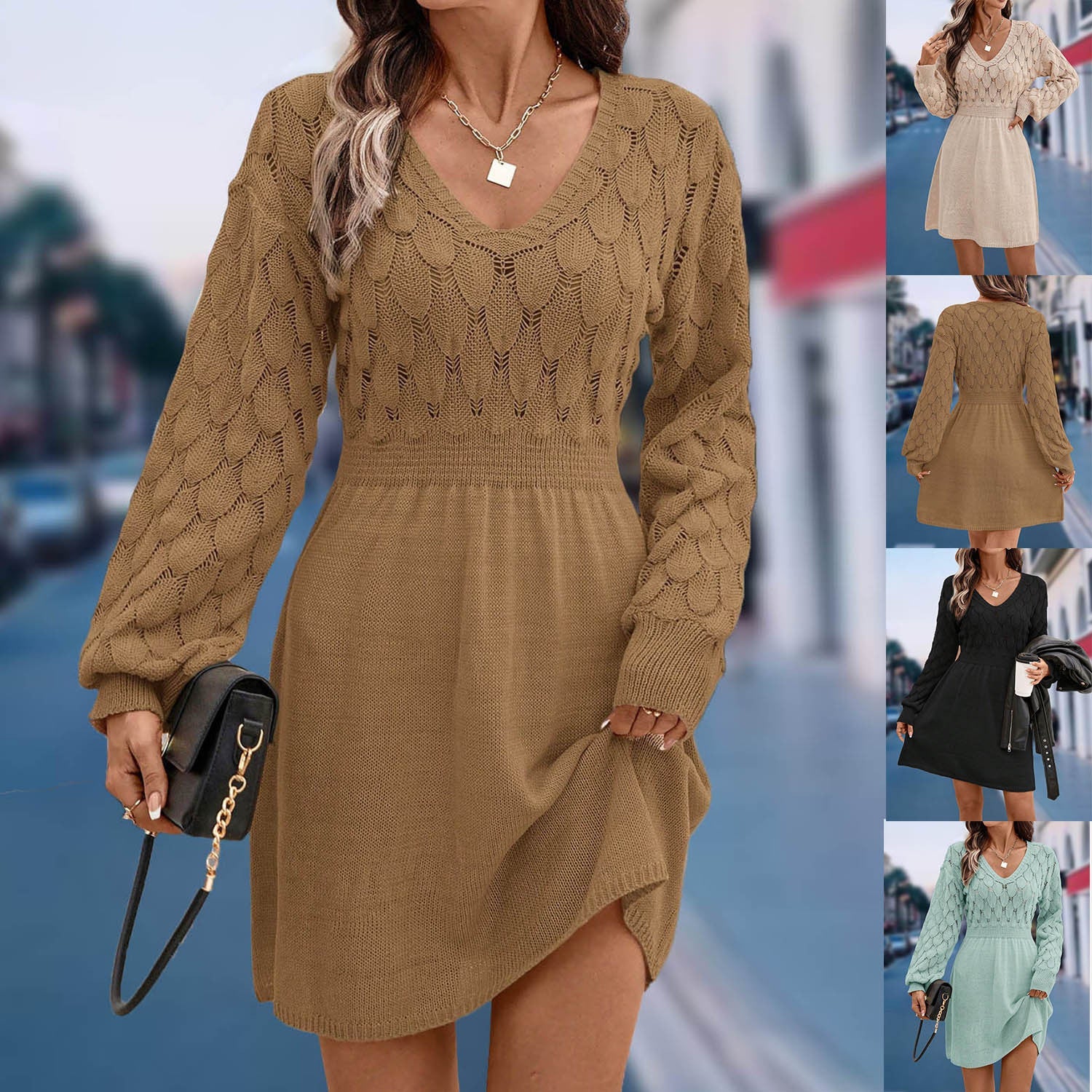 European And American V-neck Beach Dress Long Sleeve Dress