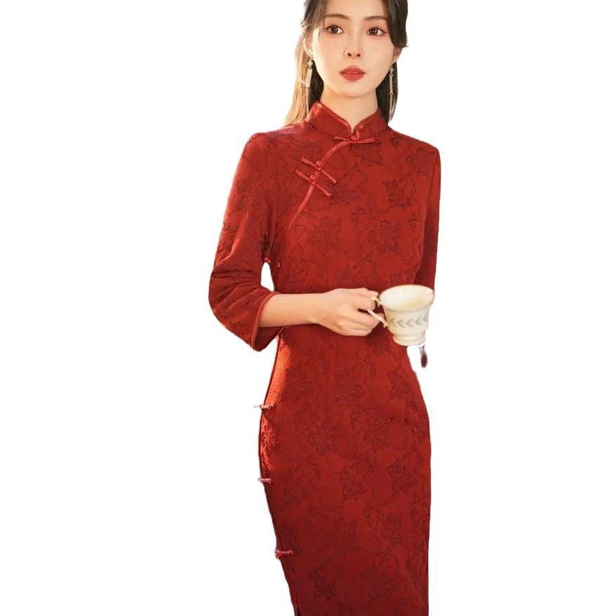 Dark Burgundy Cheongsam Youthful New Chinese-style Elegant Long Dress