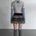 Contrast-color Striped Figure-flattering Layered Ruffle Cake Skirt