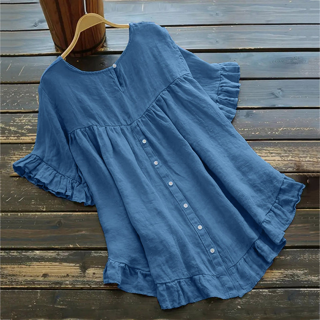 Arrival Solid-color Cotton-linen Loose-fit Round-neck Blouse With Ruffled Hem