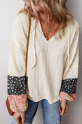 Floral Patchwork V-Neck Lace-Up Knit Blouse Women UK