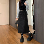 Sequined Thickened Wool High Waisted A Line Bodycon Skirt