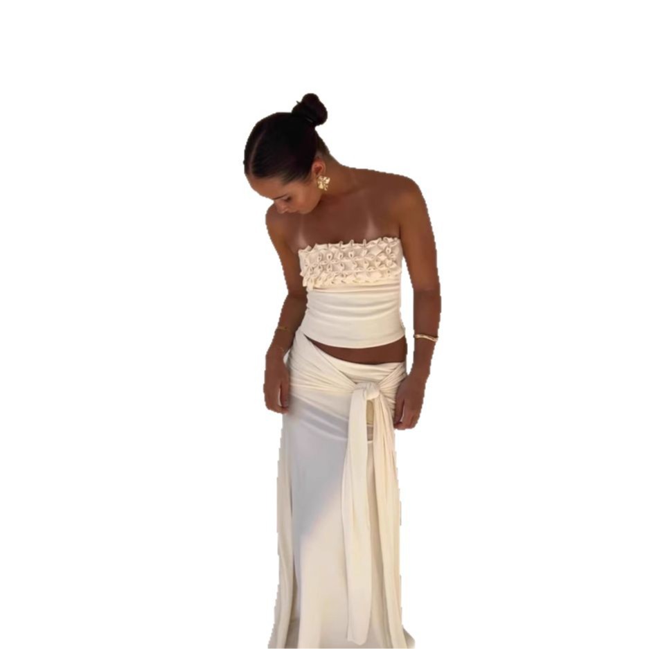Sexy Patchwork Chest Wrap Midriff-baring Top Slim Fit Temperament Sheath Long Dress Suit