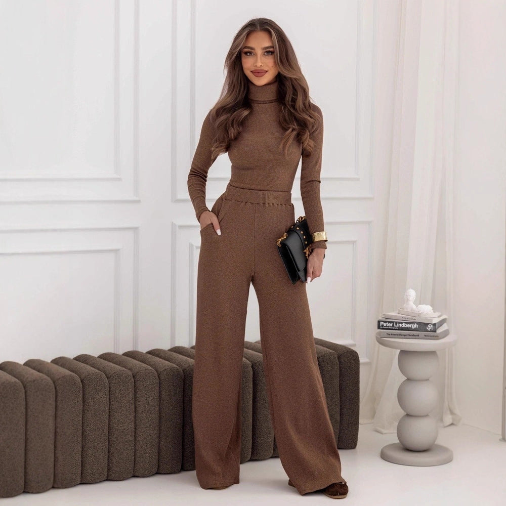 Fashionable And Elegant Set Turtleneck Knitted Pullover Wide-Leg Pants Two-Piece Suit