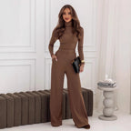 Fashionable And Elegant Set Turtleneck Knitted Pullover Wide-Leg Pants Two-Piece Suit