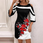 Women's Casual Fashionable Rose-Print Contrast-Color Slim-Fit Dress