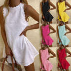 Cotton Hemp Solid Color Embroidered Ruffled Women's Dress