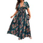 V-Neck Floral Wrap Dress With Flared Sleeves And Side Slit For Women
