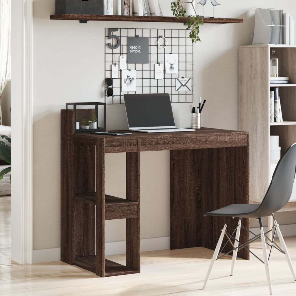 Modern Wooden Home Office Computer Desk Table With Open Storage Shelves Wood