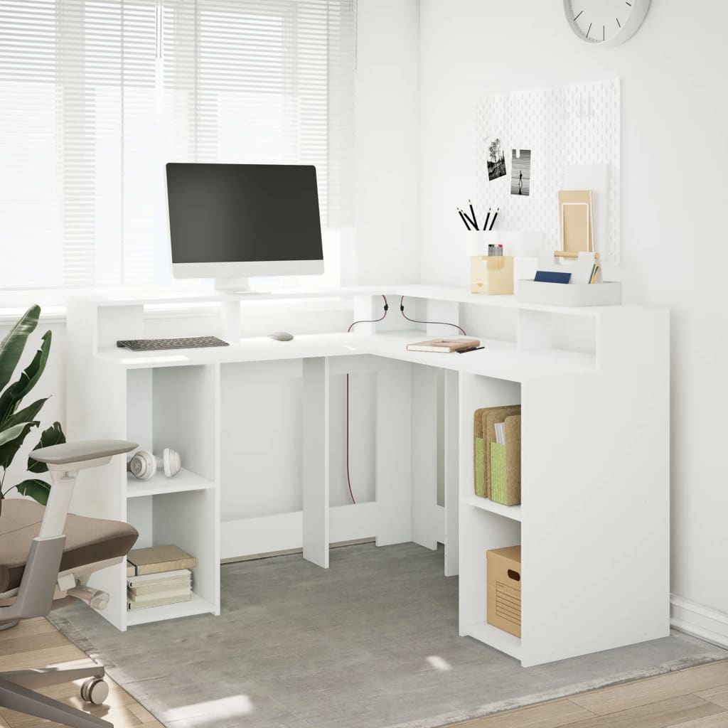 Modern Wooden Home Office Gaming Corner Computer Desk With LED Lights Storage
